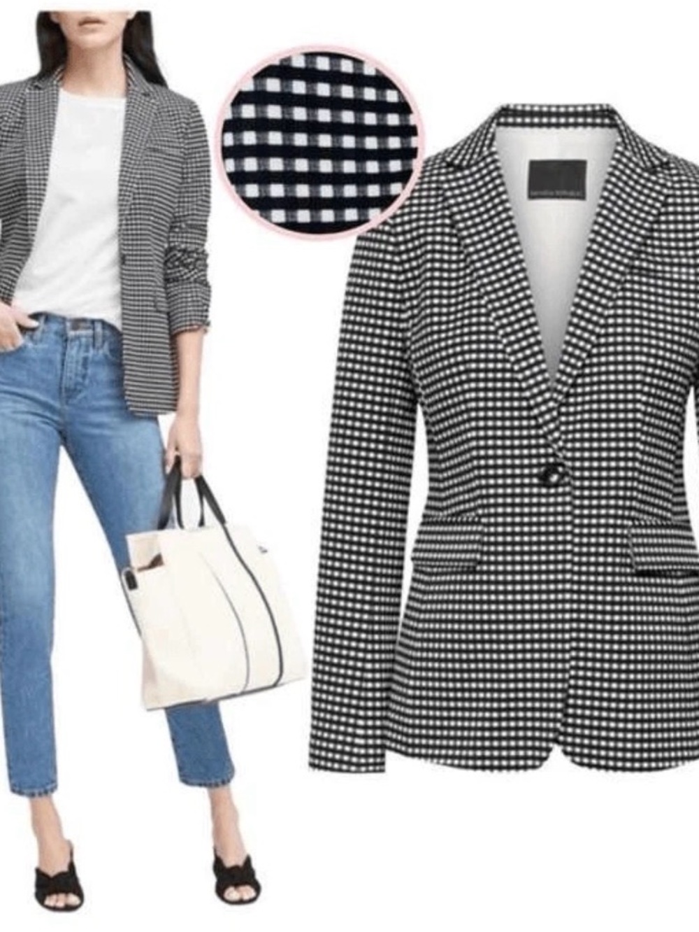 NWT Bana Republic Sz 6 Long & Lean Black & White Gingham Plaid Blazer